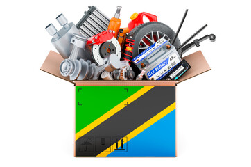 Poster - tanzanian flag painted on the parcel with car parts. 3d rendering