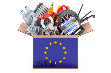 Poster - the eu flag painted on the parcel with car parts. 3d rendering