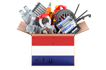 Poster - the netherlands flag painted on the parcel with car parts. 3d rendering
