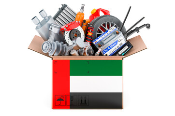 Poster - the united arab emirates flag painted on the parcel with car parts. 3d rendering