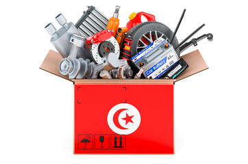 Poster - tunisian flag painted on the parcel with car parts. 3d rendering