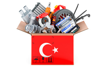 Poster - turkish flag painted on the parcel with car parts. 3d rendering