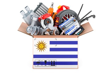 Poster - uruguayan flag painted on the parcel with car parts. 3d rendering
