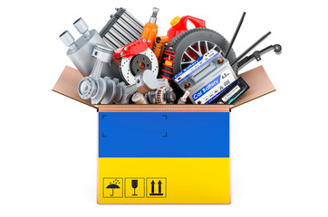 Poster - ukrainian flag painted on the parcel with car parts. 3d rendering