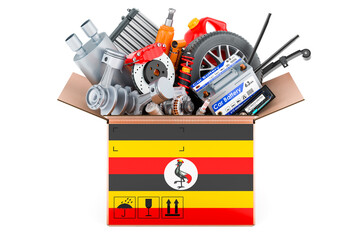 Poster - ugandan flag painted on the parcel with car parts. 3d rendering