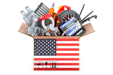 Poster - the united states flag painted on the parcel with car parts. 3d rendering