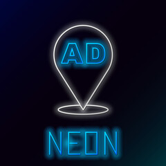 Poster - Glowing neon line Advertising icon isolated on black background. Concept of marketing and promotion process. Responsive ads. Social media advertising. Colorful outline concept. Vector