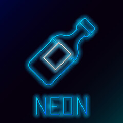 Poster - Glowing neon line Bottle of water icon isolated on black background. Soda aqua drink sign. Colorful outline concept. Vector