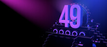 Solid Number 49 On A Reflective Black Stage Illuminated With Blue And Red Lights Against A Black Background. 3D Illustration