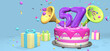 Pink birthday cake with thick purple number 57 surrounded by gift boxes with horns ejecting confetti on pastel blue background. 3D Illustration