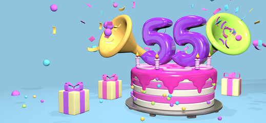 Wall Mural - Pink birthday cake with thick purple number 55 surrounded by gift boxes with horns ejecting confetti on pastel blue background. 3D Illustration