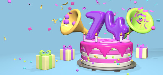 Wall Mural - Pink birthday cake with thick purple number 74 surrounded by gift boxes with horns ejecting confetti on pastel blue background. 3D Illustration