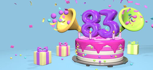 Wall Mural - Pink birthday cake with thick purple number 83 surrounded by gift boxes with horns ejecting confetti on pastel blue background. 3D Illustration