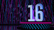 Solid number 16 on a round stage with blue and magenta lights with a defocused background of laser lights. 3D Illustration