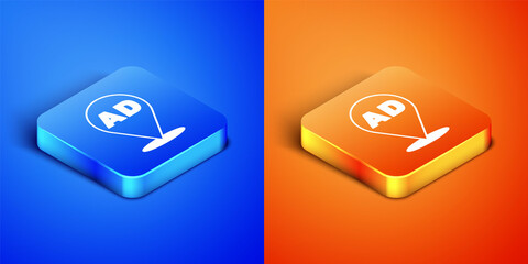 Poster - Isometric Advertising icon isolated on blue and orange background. Concept of marketing and promotion process. Responsive ads. Social media advertising. Square button. Vector