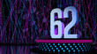Solid number 62 on a round stage with blue and magenta lights with a defocused background of laser lights. 3D Illustration