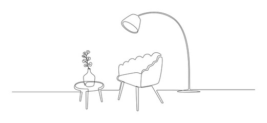 Wall Mural - One continuous line drawing of armchair and loft lamp and vase with plant. Modern scandinavian and soft furniture chair in simple linear style. Doodle vector illustration