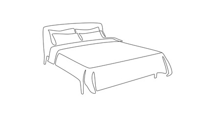 Wall Mural - Continuous one line drawing of double bed thin icon. Modern comfortable cozy furniture for bedroom in simple linear style. Editable stroke. Doodle vector illustration