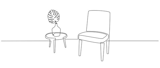 Poster - One continuous line drawing of chair and table with vase and monstera leaf. Modern scandinavian and loft furniture armchair in simple linear style. Editable stroke. Doodle vector illustration