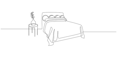 Aufkleber - One continuous line drawing of double bed and table with vase and plant. Modern scandinavian interior for cozy decoration bedroom in simple linear style. Editable stroke. Doodle vector illustration
