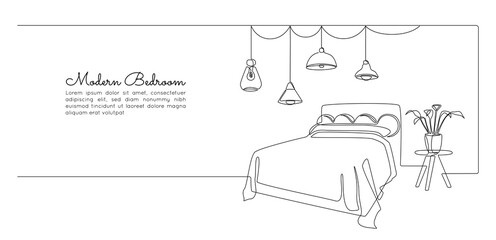 Aufkleber - Continuous one line drawing of double bed and table and loft chandelier lamps. Modern scandinavian interior and cozy decor bedroom in simple linear style. Editable stroke. Doodle vector illustration