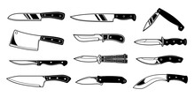 Knives Collection Isolated On White Background. Different Types Of Knife - For Kitchen, Folding, Combat, Hunting Daggers. Design Element For Emblem, Sign, Print, Label, Etc. Vector Illustration.