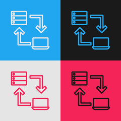 Poster - Pop art line Online working icon isolated on color background. Freelancer man working on laptop at his house. Remote work. Distant job concept. Vector