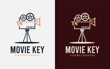 Aufkleber - Movie Cinematography Logo Design with Film Video Camera and Abstract Key Combination Style Concept.