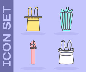 Sticker - Set Magician hat and rabbit ears, Magician hat and rabbit ears, Magic staff and Popcorn in box icon. Vector