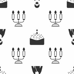 Sticker - Set Jesus Christ, Easter cake and candle and Candelabrum with candlesticks on seamless pattern. Vector