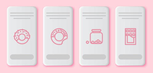 Sticker - Set line Donut, , Glass jar with candies inside and Chocolate bar. White rectangle button. Vector