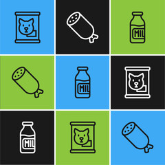 Sticker - Set line Canned food, Bottle with milk and Salami sausage icon. Vector