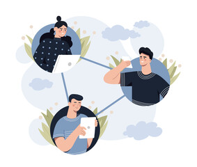Poster - connected people concept. men and woman communicate in social networks, friends or remote employees,