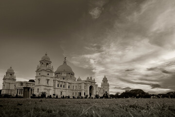 Wall Mural - Sunset at Victoria Memorial, Kolkata , Calcutta, West Bengal, India . A Historical Monument of Indian Architecture. Built to commemorate Queen Victoria's 25 years reign in India. Black and white image