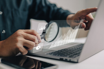 Poster - The analyses of large amounts of data and the idea of business intelligence. Charts of the company finances are displayed on a screen that is simulated.