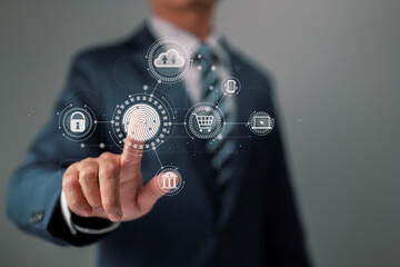 Poster - On a virtual screen displaying online transactions, a businessman's fingerprint offers a secure gateway for online shopping, banking, and cloud computing.