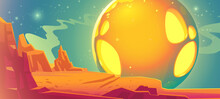 Alien Planet Landscape With Desert And Big Moon With Holes In Sky At Night. Vector Cartoon Fantastic Illustration Of Space, Red Martian Surface With Orange Ground And Rocks