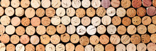 Banner Of Wine Cork From White Wine, Natural Texture Used Bottle Stoppers Top View, Beige Gradient. Horizontal Background From Closeup Wooden Corks. Natural Textured Stoppers Color Wide Banner
