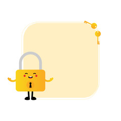 Wall Mural - Square frame, card template, background with cute cartoon style lock character and golden keys.