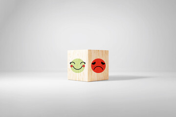Poster - 3D illustration, smiley face and sad face icon on wooden cube, Service rating, satisfaction concept, 3d render.