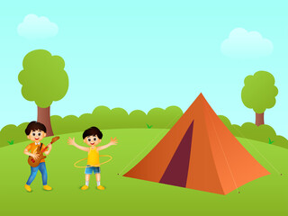 Poster - Cheerful Kids Enjoying With Tent Illustration On Green And Sky Blue Natural Background.