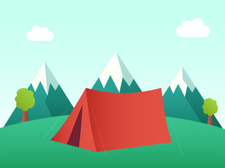 Sticker - Red Camping Tent With Mountains And Trees On Green Background.