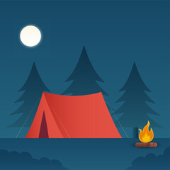 Canvas Print - Red Camping Tent With Bonfire On Full Moon Blue Tree Background.