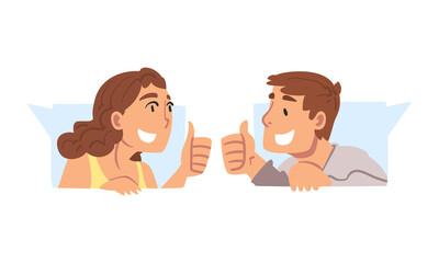 Poster - Male and Female as Social Media Follower and Subscriber Showing Adoration with Thumb Up Vector Set