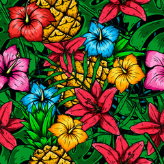 Wall Mural - Seamless pattern with tropical flowers, palm leaves, monstera leaves. Vector illustration.