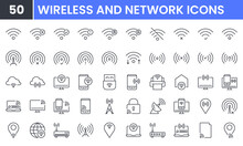 Wireless And Network Vector Line Icon Set. Contains Linear Outline Icons Like Connection, Signal, Internet, Phone, Radio, Computer, Wifi, Communication, Antenna. Editable Use And Stroke.