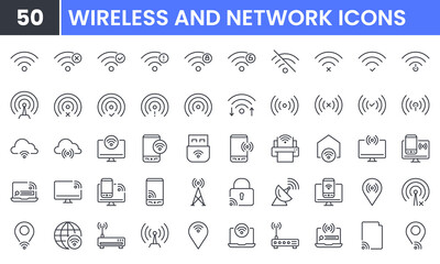 Wireless and Network vector line icon set. Contains linear outline icons like Connection, Signal, Internet, Phone, Radio, Computer, Wifi, Communication, Antenna. Editable use and stroke.