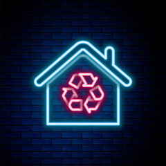 Wall Mural - Glowing neon line Eco House with recycling symbol icon isolated on brick wall background. Ecology home with recycle arrows. Colorful outline concept. Vector