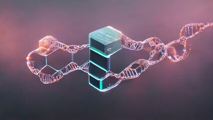 Wall Mural - Genome and Blockchain concept, storing data in DNA sequences, bioinformatics, biotechnology concept 3d rendering