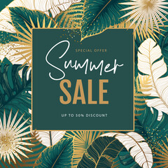 Wall Mural - Summer big sale poster with tropic golden and green leaves. Summer tropic leaves background. Vector illustration